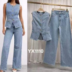 Conjunto Denim Chaleco Entallado y Pantalón Wide Leg